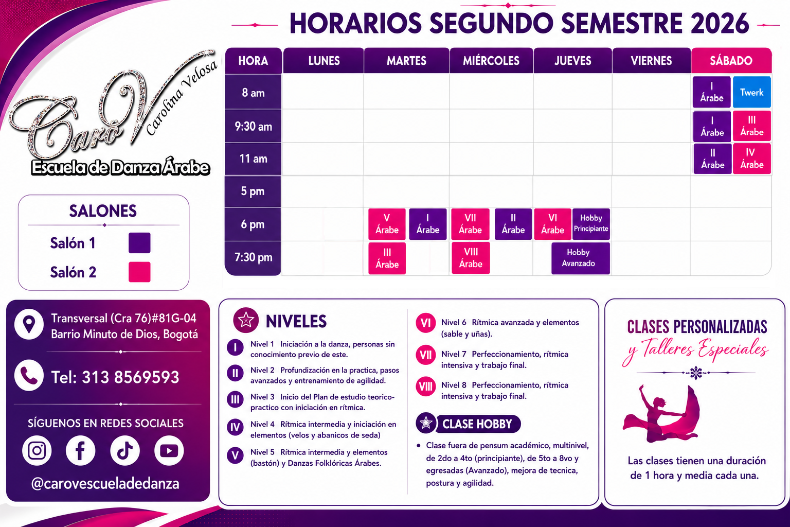 Horarios segundo semestre 2026 de Caro V Escuela de Danza Árabe